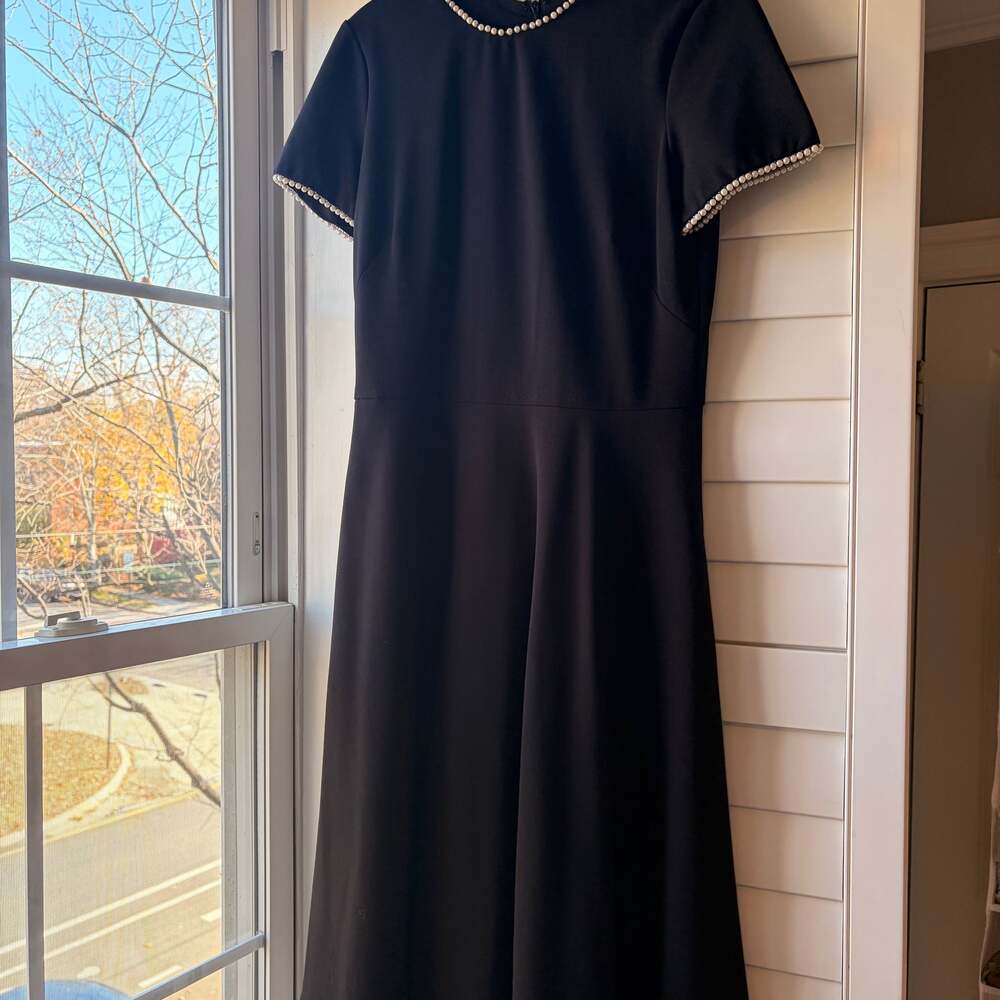 Gal Meets Glam Victoria Black Midi Dress with Pearl Trim - Picture 3 of 9